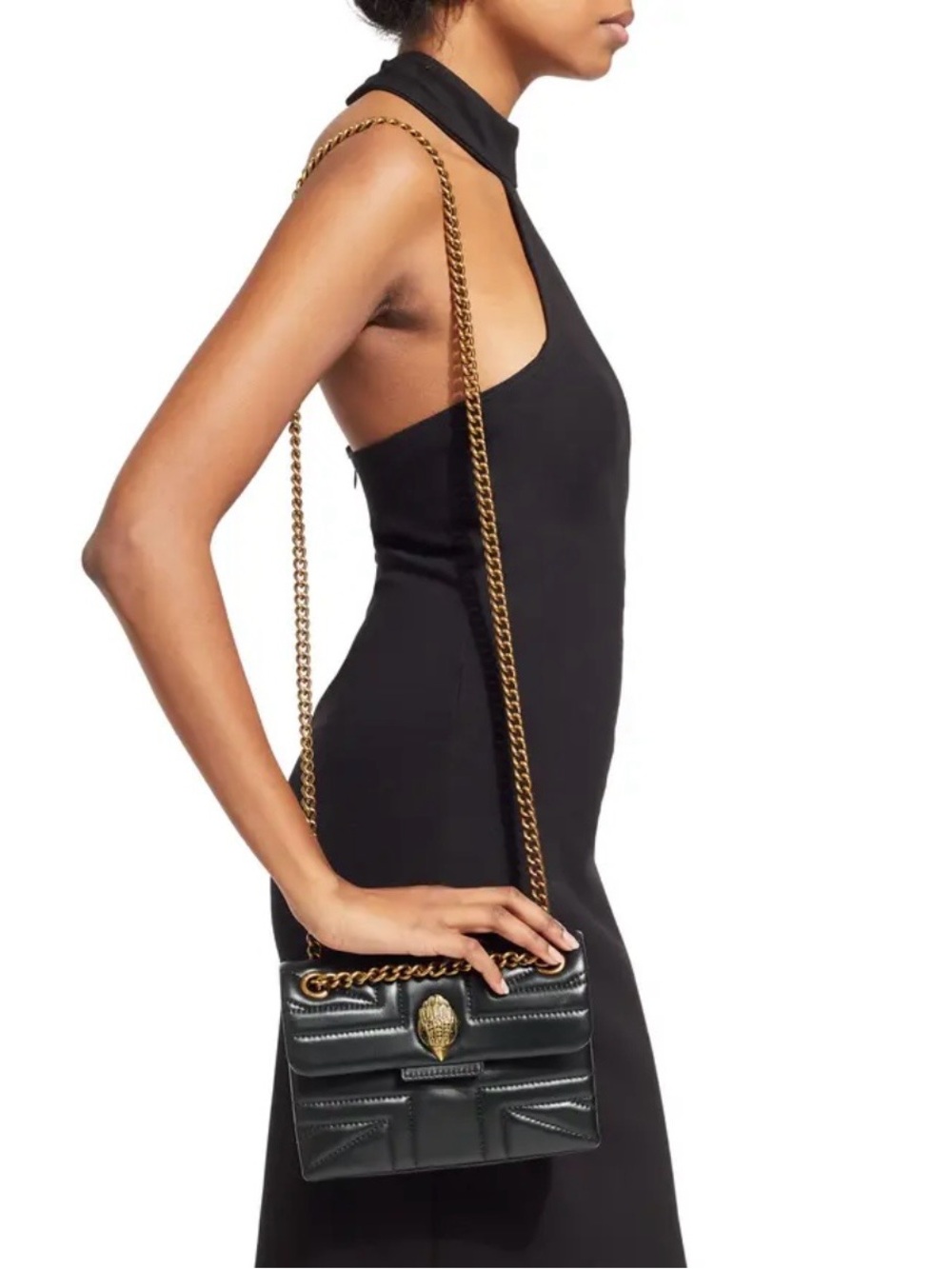 Kurt Geiger Black Calf Leather Mini Shoulder Bag with Gold Chain